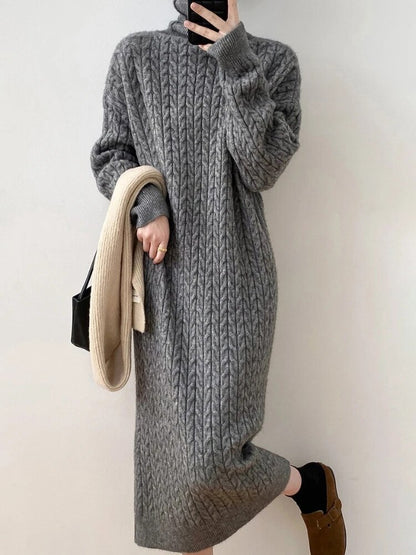 Taruxy Knitted Long Dress Loose Long Sleeve Turtleneck Pullover Femme Retro Warm Sweater Knitwear Cover Up