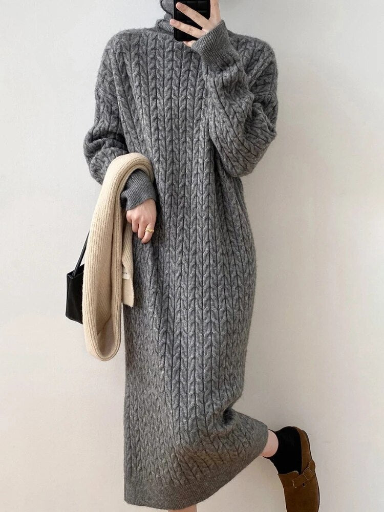 Taruxy Knitted Long Dress Loose Long Sleeve Turtleneck Pullover Femme Retro Warm Sweater Knitwear Cover Up