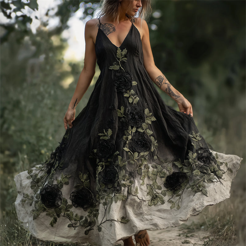 Vintage Gothic Black Roses Vines Gradient Flowy Linen Dress elevenforest