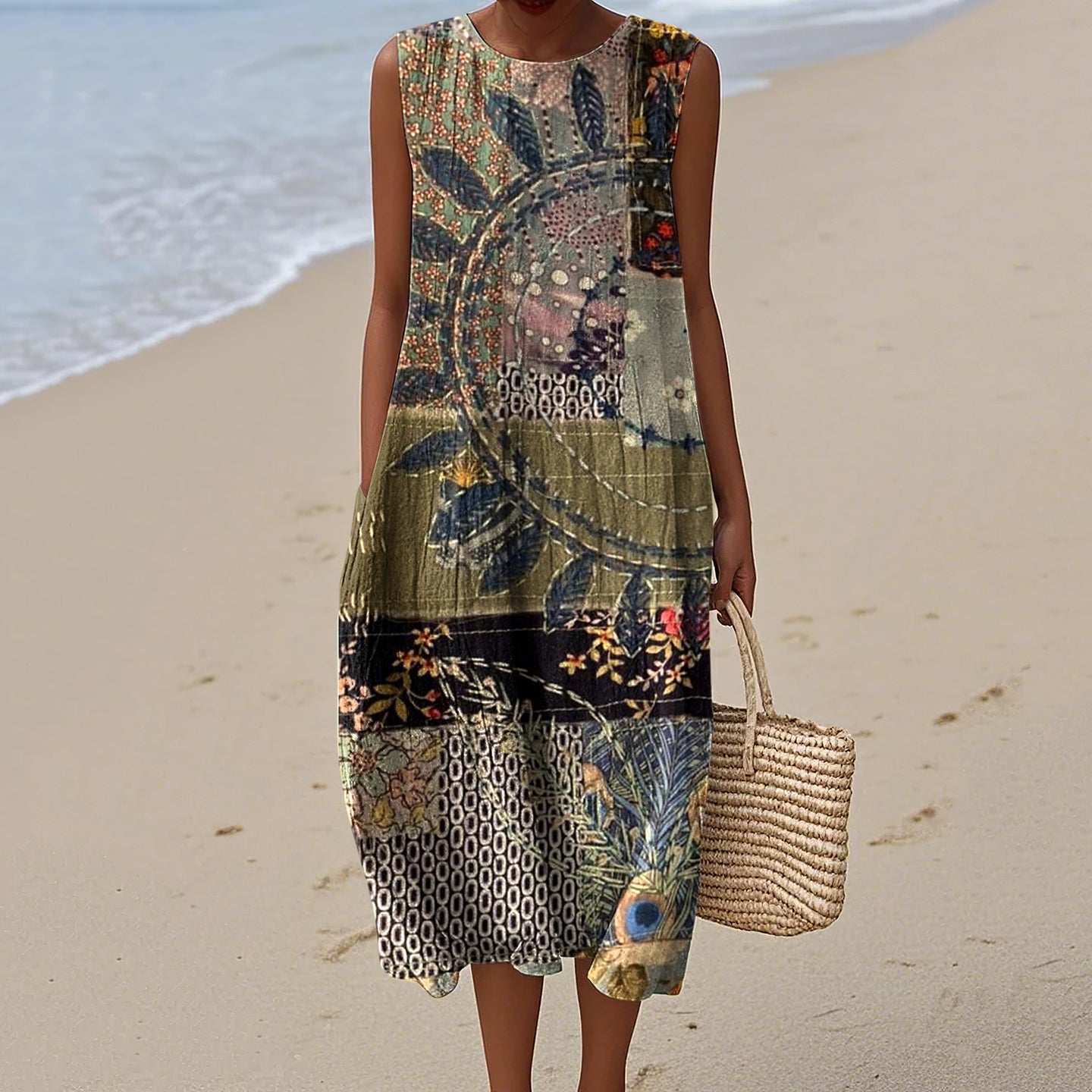 Vintage Loose Elegant Patchwork Art Linen Tank Dress elevenforest