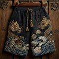 Japanese Golden Dragons & Sea Waves Embroidered Linen Shorts elevenforest