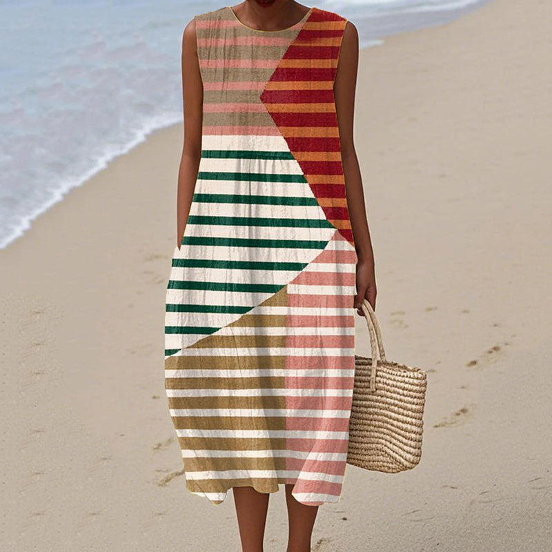 Women's Vintage Geometry Color Block Print Casual Cotton Dress elevenforest