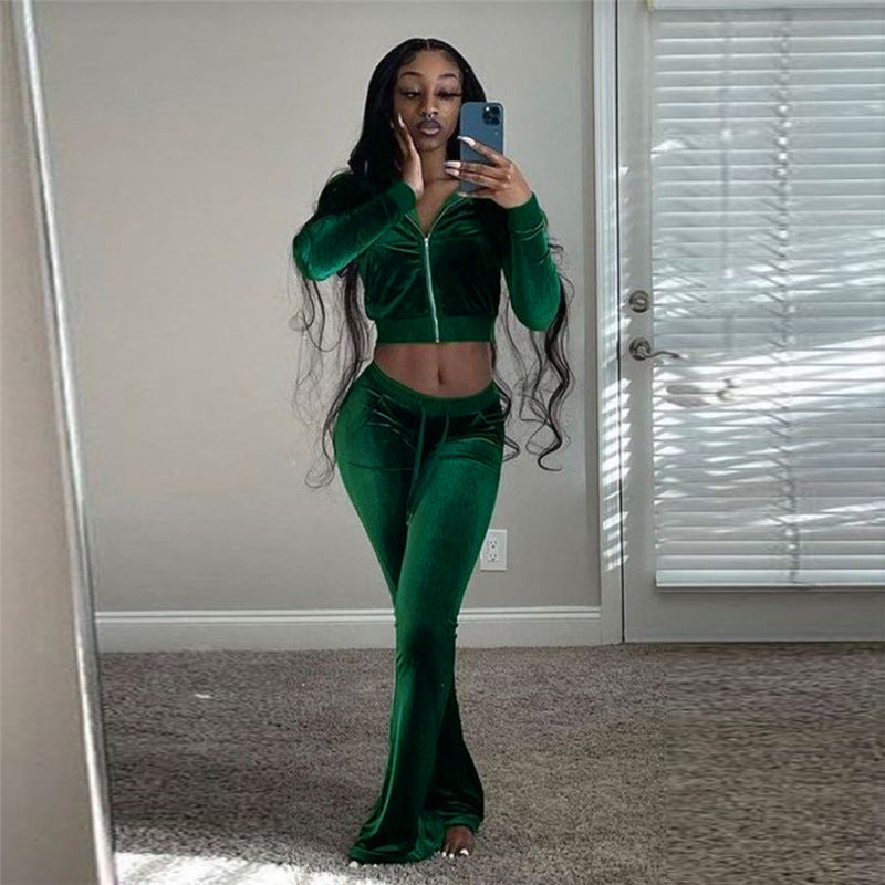 Autumn Europe ’s Velvet Zipper Cardigan & Straight Leg Trousers Set