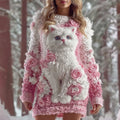 Women's Vintage Cute Cat Rose Pattern Cozy Knit Mini Sweater Dress