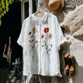 Vintage Floral Embroidery Art Lapel Linen Blend Loose Blouse elevenforest