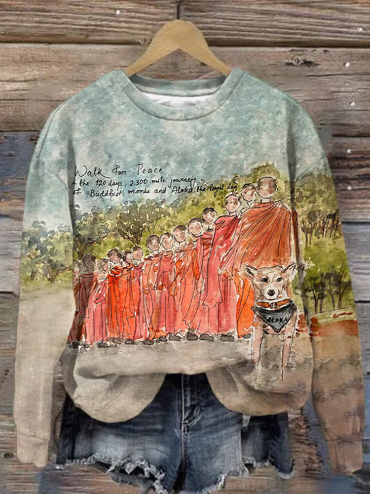 Comstylish Retro Walk For Peace The 120 Days, 2,300 Mile Journey Of Buddhist Monks And Aloka, The Loyal Dog Watercolor Painting Print Sweatshirt