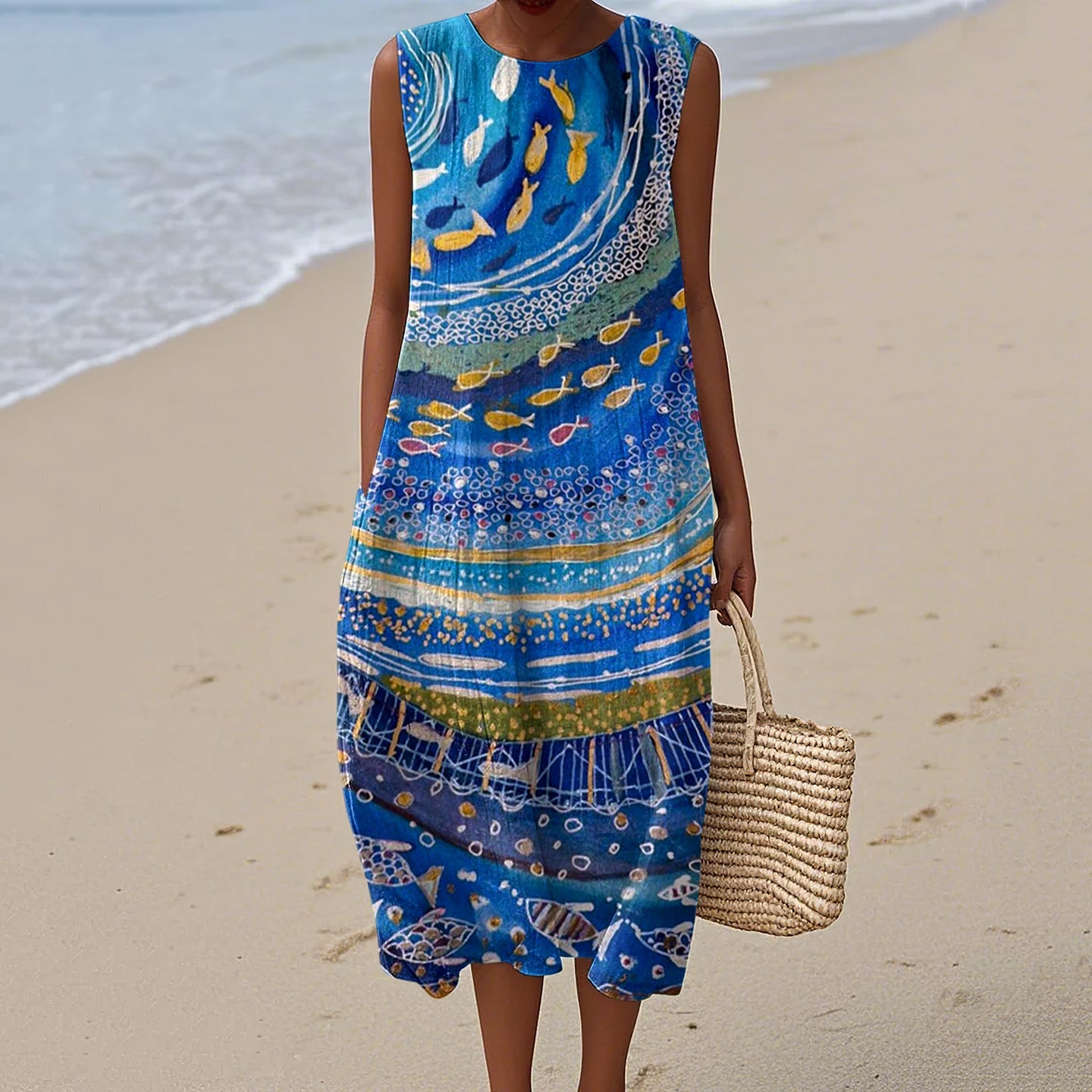 Women's Vintage Abstract Fish Art Print Cotton And Linen Dress elevenforest