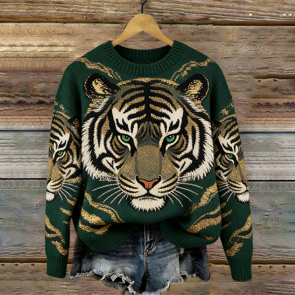 Comstylish Animal Tiger Pattern Vintage Crew Neck Cozy Sweater