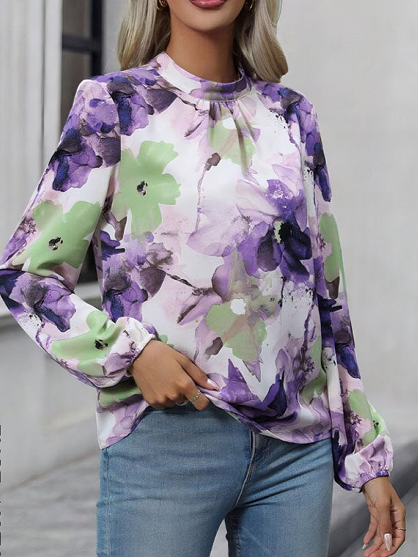 Long Sleeves Loose Elasticity Flower Print Pleated Mock Neck Blouses&shirts Tops