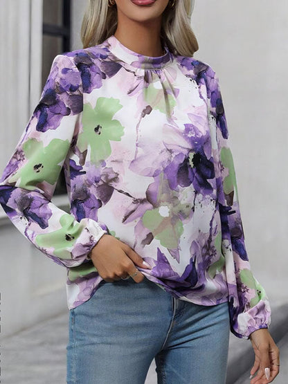 Long Sleeves Loose Elasticity Flower Print Pleated Mock Neck Blouses&shirts Tops