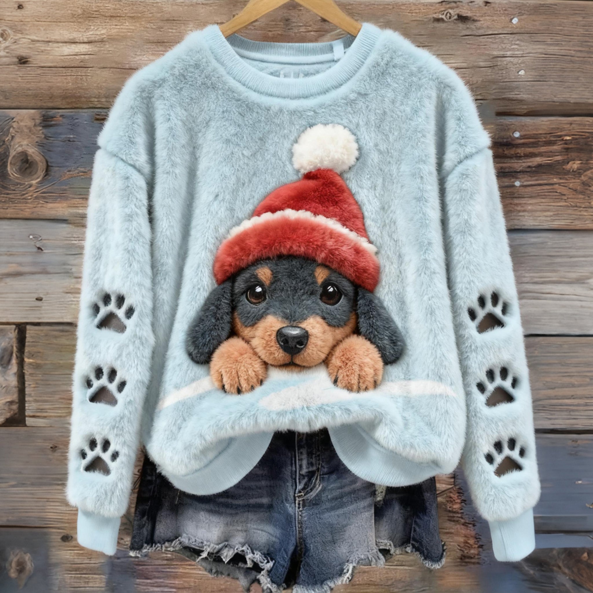 Comstylish Christmas Cute Dog And Paw Art Plush Pattern Sweater
