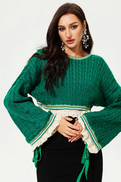 Flared Sleeve Crew Collar Knit Sweater