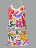 V-Neck Vintage Flowers Print Suspender Skirt Tankini Pantskirt Set Swimsuit