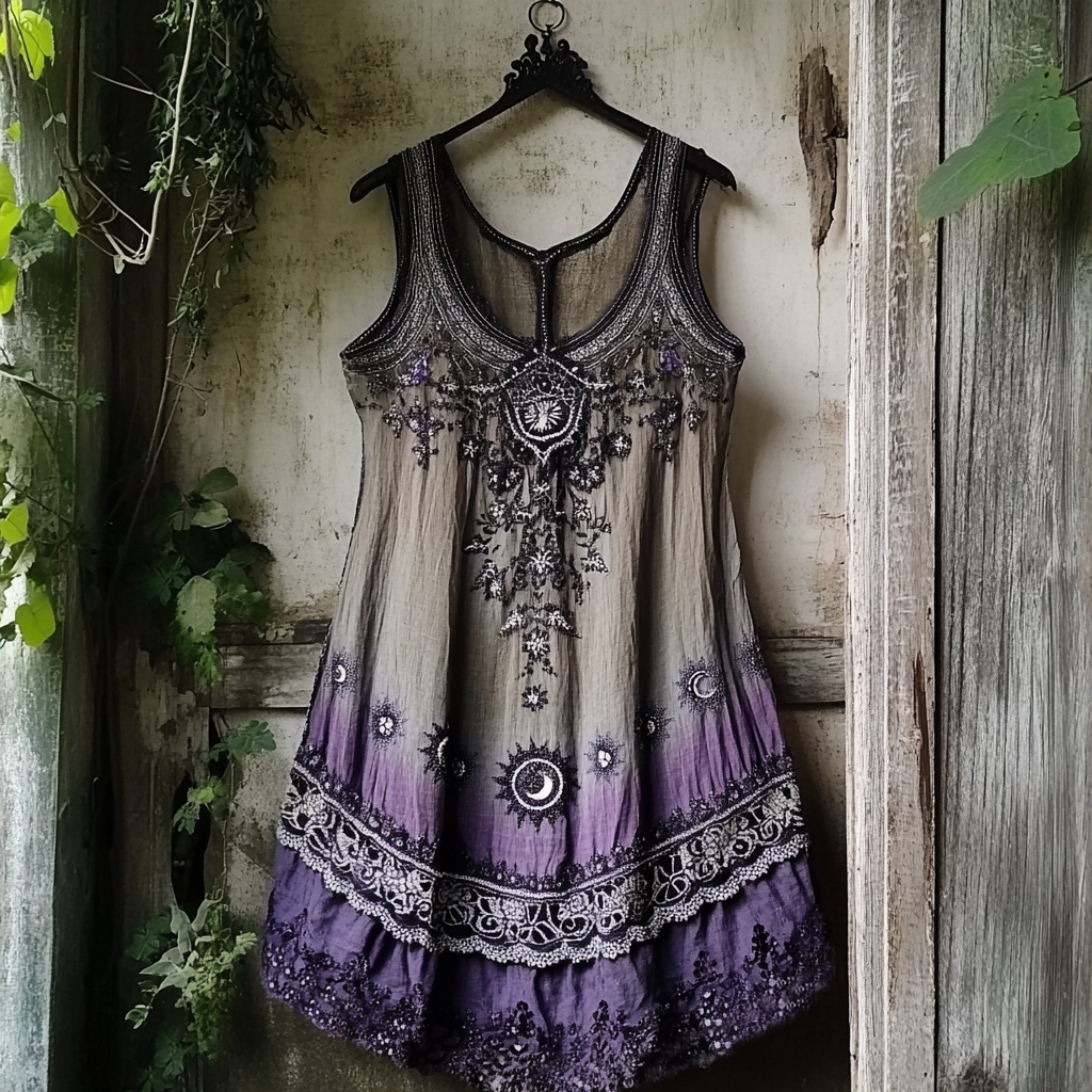 Women's Vintage Tribal Star And Moon Embroidered Sleeveless Dress elevenforest
