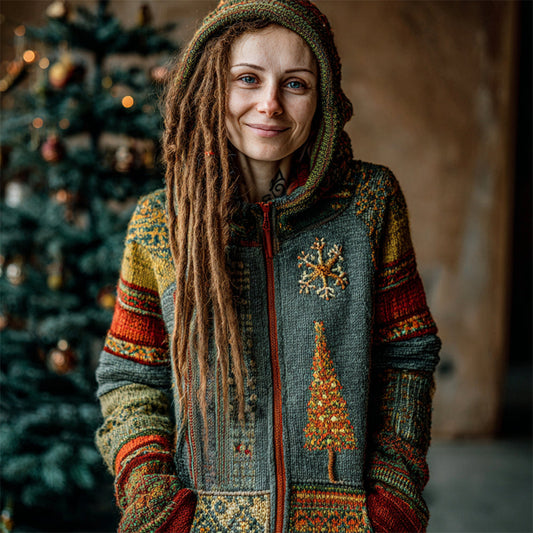 Vintage Christmas Tree Art Women's Knit Hooded Zipper Sweater artswardrobe