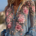 Vintage Pink Flowers Glitter Embroidered Flowy Linen Blouse elevenforest