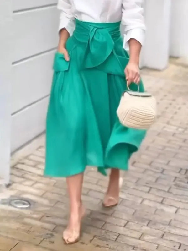 A-line Loose Pockets Color Split-joint Tied Waist Skirts Bottoms