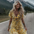 Women's Vintage Yellow Roses And Floral Art Print V-neck Mini Dress elevenforest