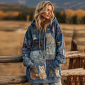 Women's Denim Patchwork Cute Cat Print Hooded Sweatshirt Dress elevenforest