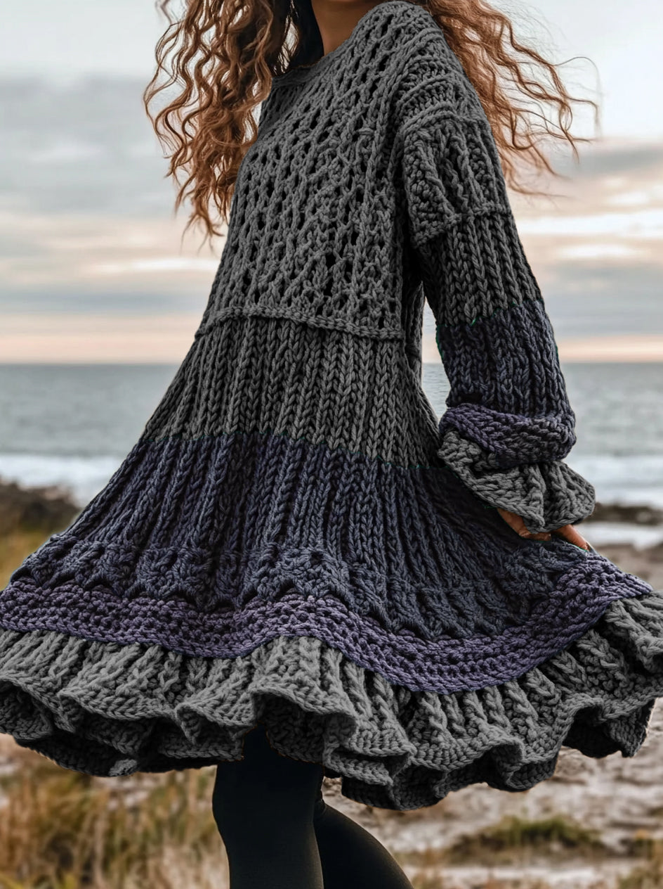 Women's Celtic Knotted Color Block Jacquard Crew Neck Sweater Dress elevenforest