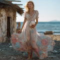 Bohème Marine Biological Art Pink V-neck Dress elevenforest