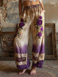 Boho Vintage Floral Lace Patchwork Art Women's Linen Trousers elevenforest