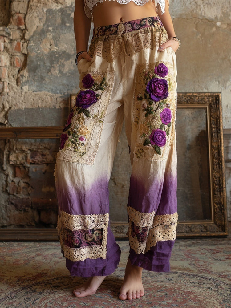 Boho Vintage Floral Lace Patchwork Art Women's Linen Trousers elevenforest