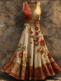 Bohemian Style Two-tone Floral V-neck Sleeveless Orange Vintage Long Dress elevenforest