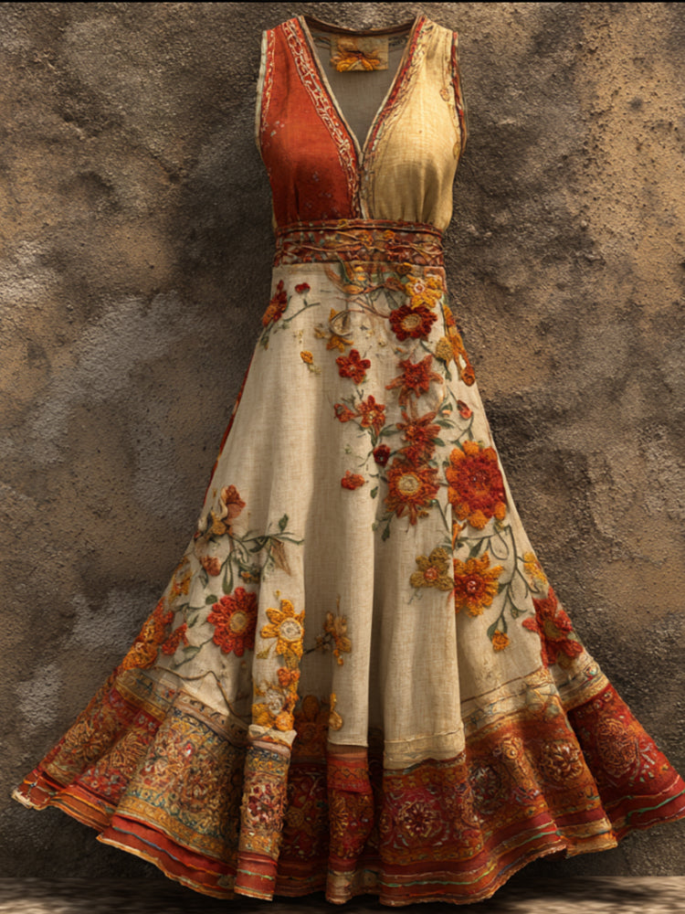 Bohemian Style Two-tone Floral V-neck Sleeveless Orange Vintage Long Dress elevenforest