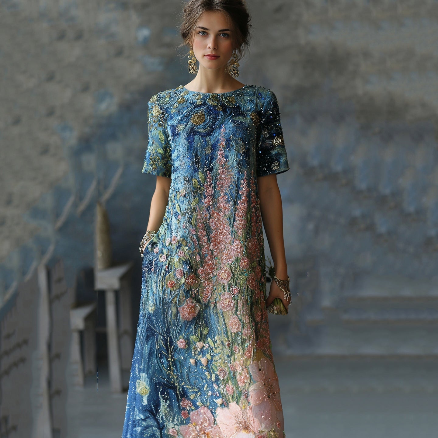 Art Oil Painting Floral Sequin Gradient Maxi Dress