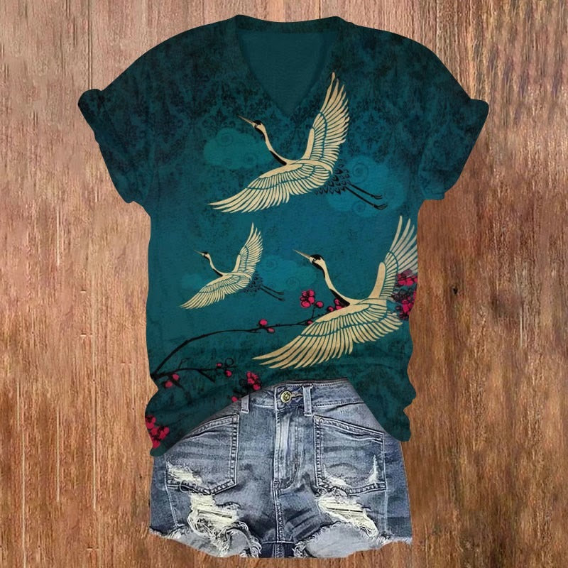 Comstylish Women's Japanese Style Crane Art Print V-neck T-shirt