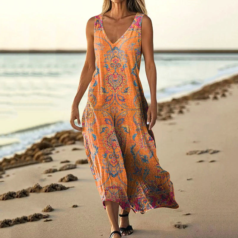 Women's Retro Ethnic Totem Art V-neck Sleeveless Dress elevenforest