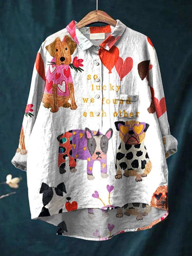 Women's Dog  Art Print Casual Cotton And Linen Shirt
