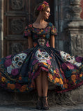 Day Of The Dead Sugar Skulls Floral Embroidered Linen Maxi Dress elevenforest