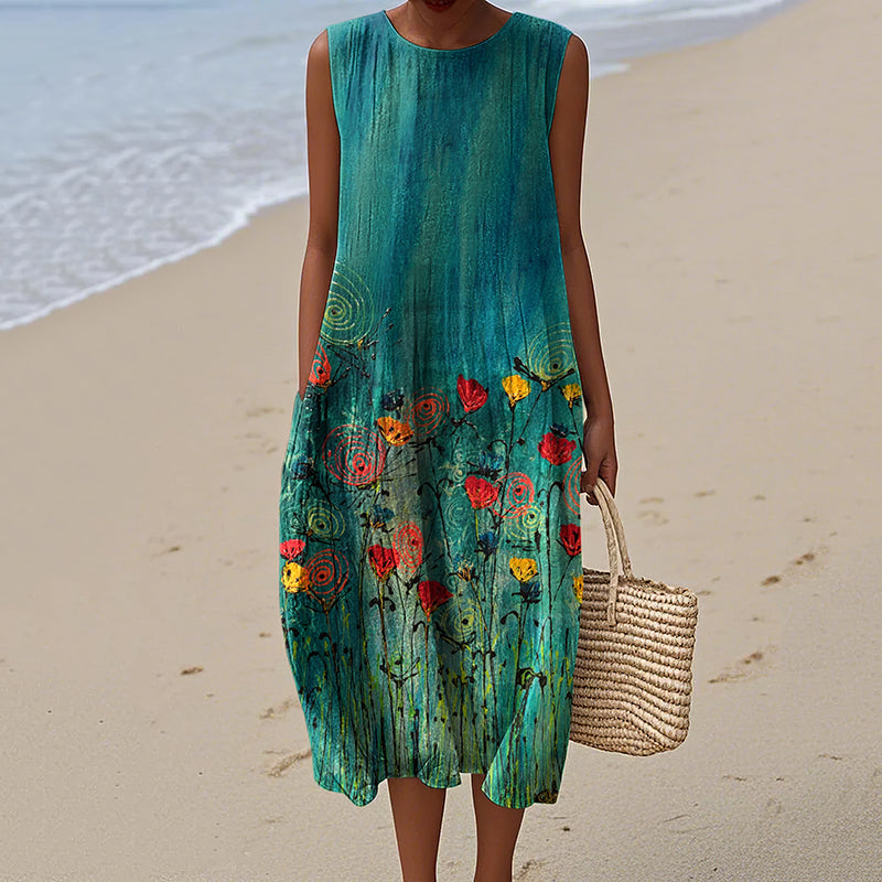 Women's Vintage Floral Art Pattern Print Sleeveless Cotton Wrap Dress elevenforest