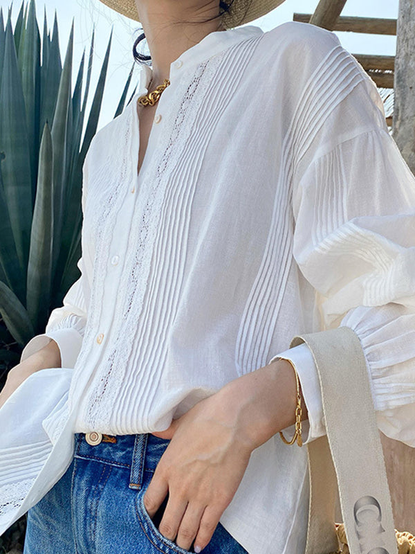 Long Sleeves Loose Buttoned Pleated Color Split-joint Stand Collar Blouses&shirts Tops