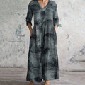 Vintage Striped Art Print V-neck Linen Blend Midi Dress elevenforest