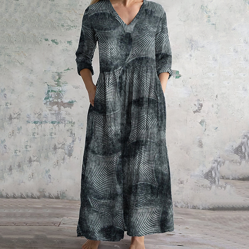 Vintage Striped Art Print V-neck Linen Blend Midi Dress elevenforest