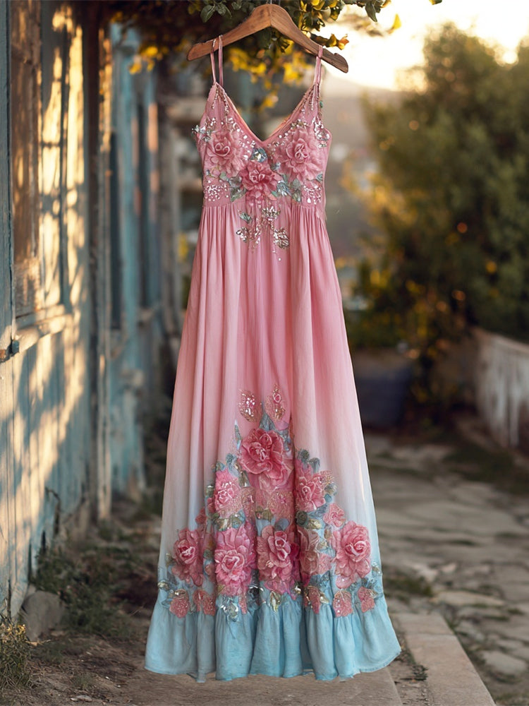 Boho Vintage Sequin Floral Embroidery Women's Spaghetti Strap V-neck Maxi Dress elevenforest