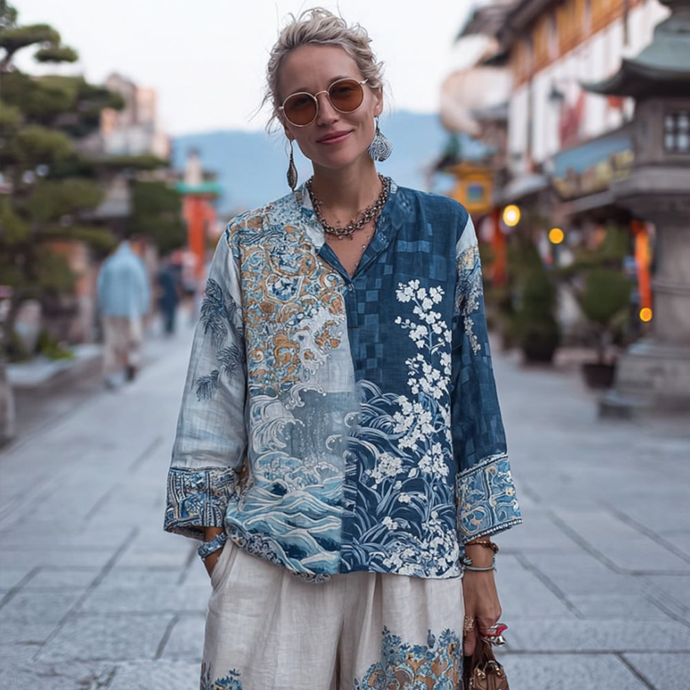 Vintage Japanese Traditional Embroidery Floral Patchwork Art Printed Linen Top elevenforest