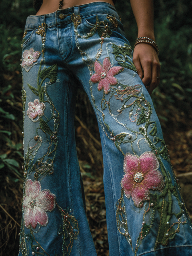Bohemian Style Women's Plant Flower Embroidery Loose Fit Wide Leg Straight Leg Denim Long Pants elevenforest