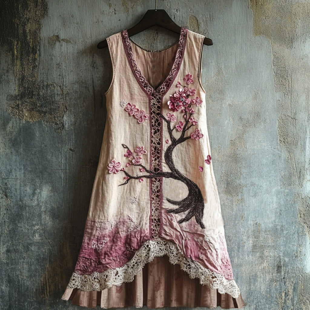Women's Cherry Blossom Embroidery Lace Patchwork Art Linen Tank Dress elevenforest