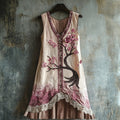 Women's Cherry Blossom Embroidery Lace Patchwork Art Linen Tank Dress elevenforest