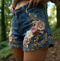 Women's Bohemian Style Three-dimensional Pink Flower Design Denim Shorts elevenforest