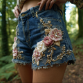 Women's Bohemian Style Three-dimensional Pink Flower Design Denim Shorts elevenforest