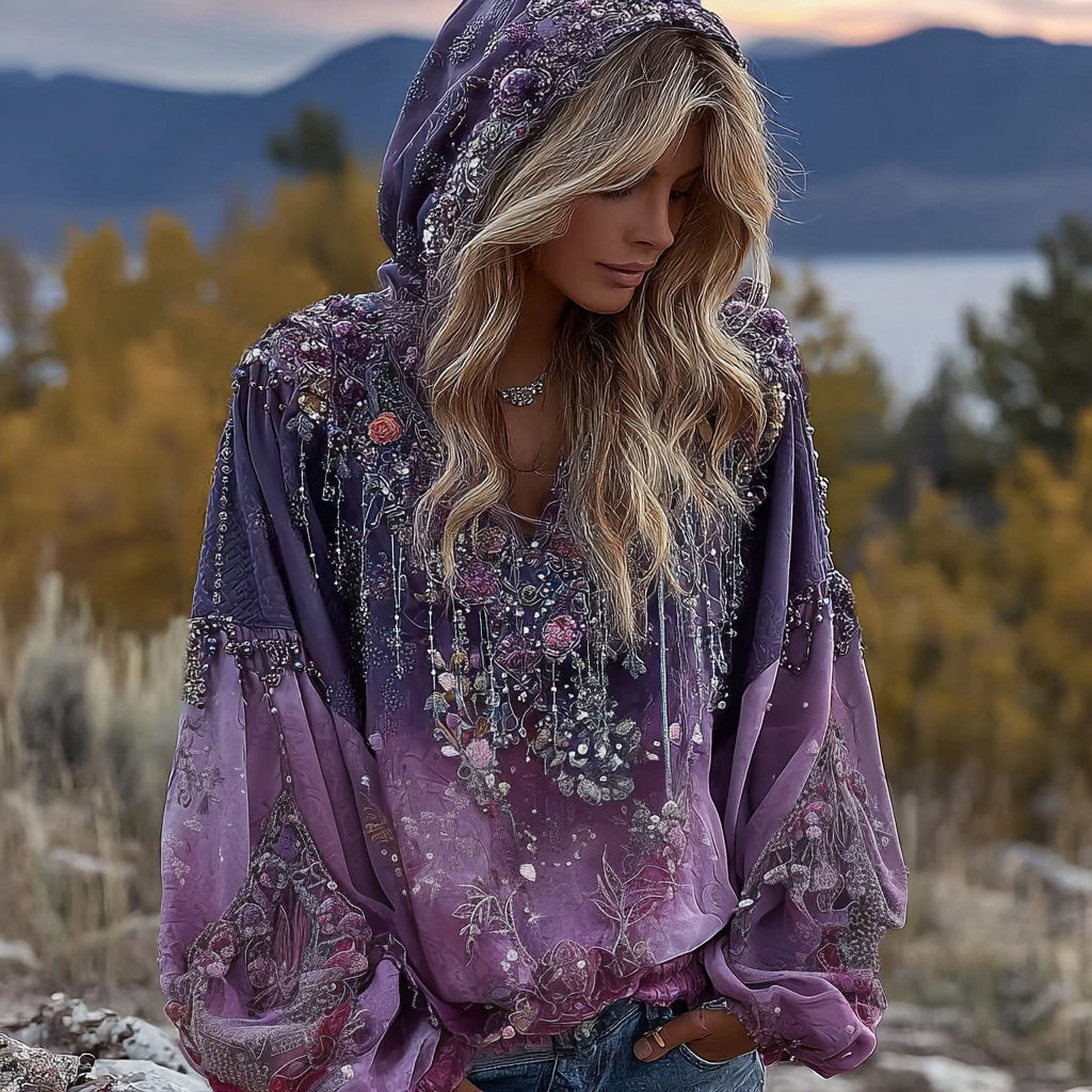 Bohemian Floral Thorn Tassel Sequin Hoodie elevenforest