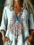 Women's Vintage Ethnic Tattoo Pattern Art Print Casual Cotton Linen Sh