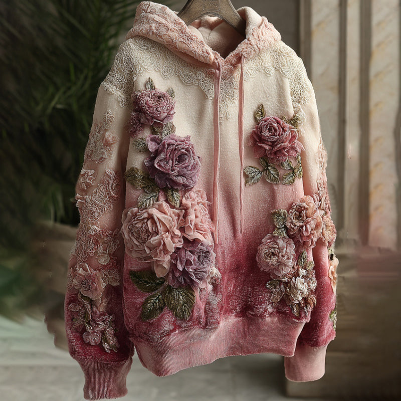 Women's Rose Embroidery Gradient Art Cozy Hooded Sweatshirt elevenforest