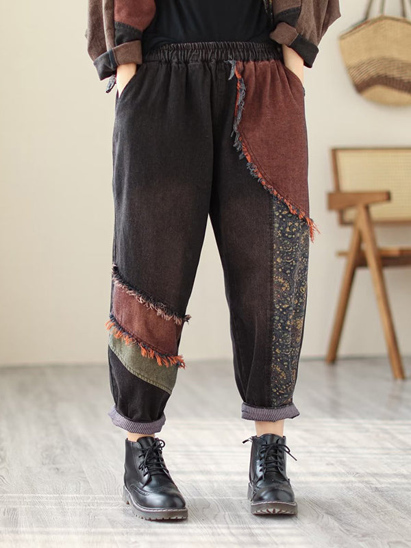 Contrast Color Fringed Split-joint Long Sleeves Printed Outwear + Harem Pants Two Pieces Set