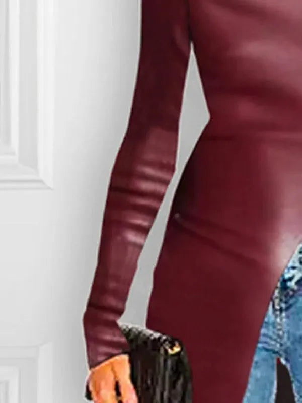 Long Sleeves Skinny Color Split-front High-neck T-shirts Tops